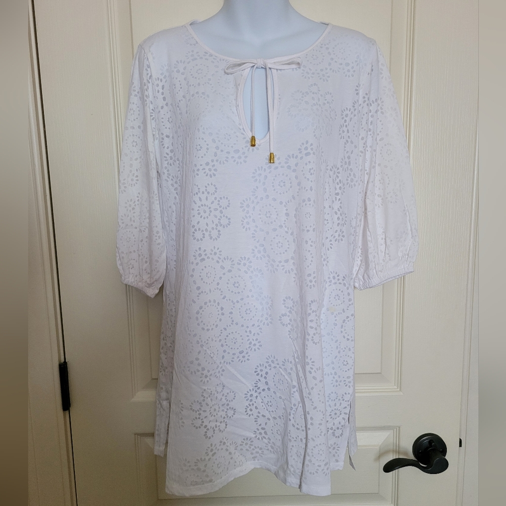 Tropical Escape White Eyelet Swimsuit Cover Up Dress, Sz M, EUC